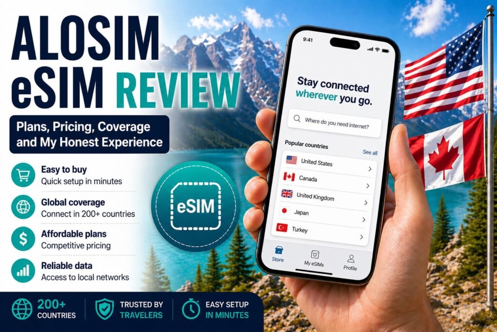 aloSIM eSIM review showing smartphone setup, travel data plans, pricing, and global coverage for travelers