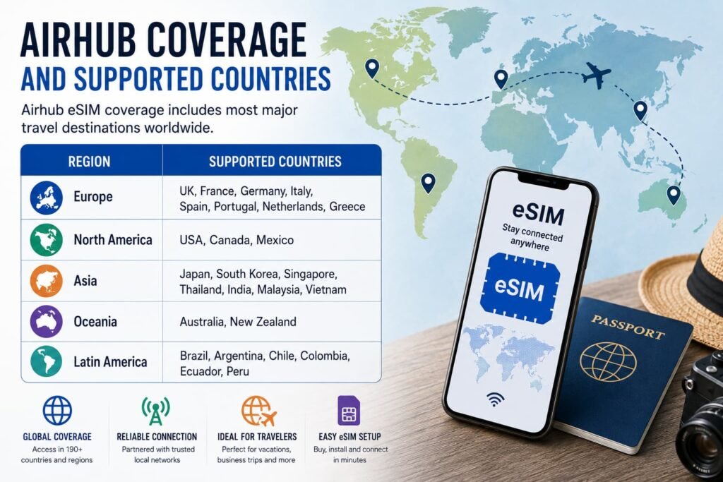 Airhub eSIM coverage and supported countries infographic showing worldwide travel destinations across Europe Asia North America Oceania and Latin America