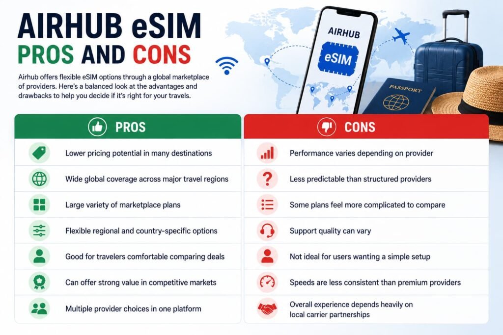 Airhub eSIM pros and cons review infographic showing pricing flexibility global coverage marketplace plans and performance tradeoffs for international travel