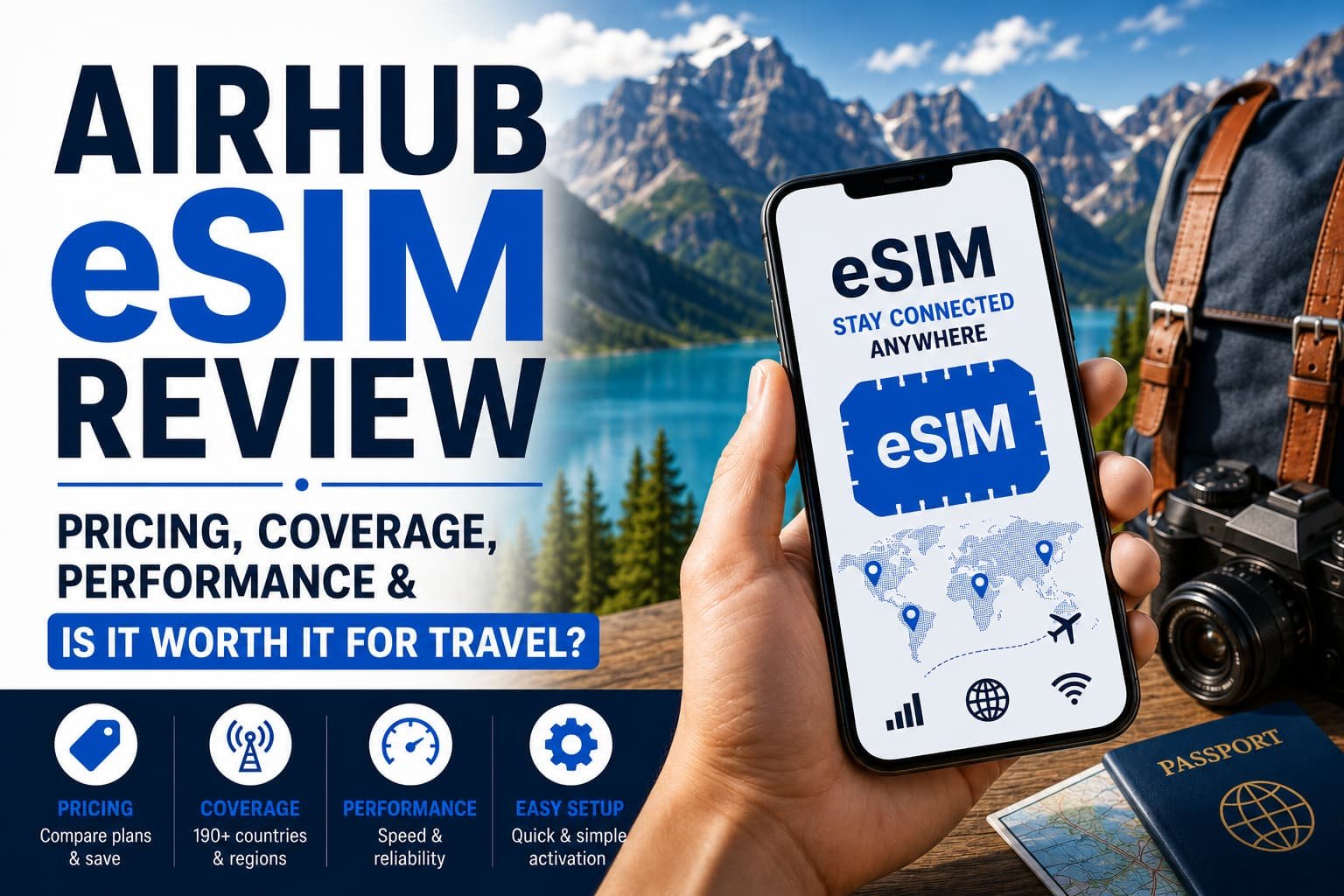 Airhub eSIM review featured image showing global coverage pricing travel performance and international eSIM connectivity on a smartphone screen
