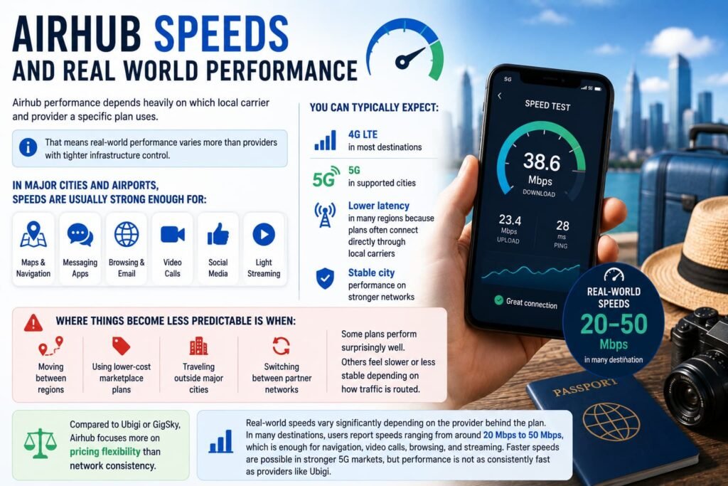 Airhub eSIM speeds and real world performance infographic showing 4G LTE 5G connectivity latency and travel network speed performance worldwide
