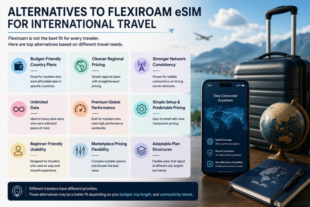 Alternatives to Flexiroam eSIM infographic showing international travel eSIM options including budget regional unlimited data and global roaming alternatives for travelers