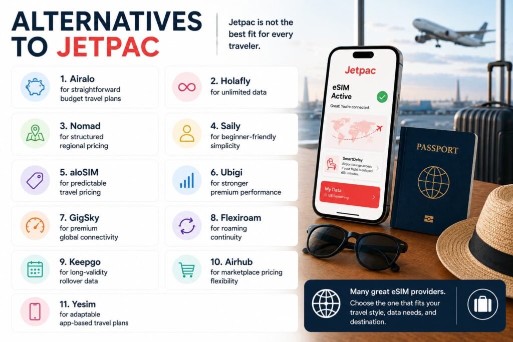 Alternatives to Jetpac eSIM infographic showing travel focused eSIM providers for budget travel unlimited data roaming continuity premium performance and international connectivity