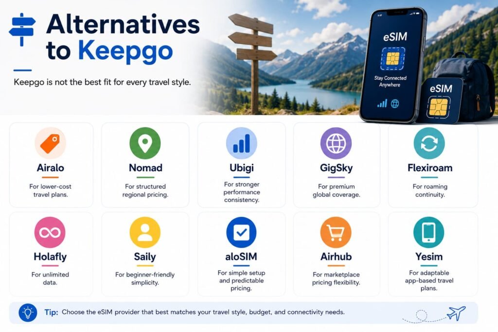 Alternatives to Keepgo eSIM infographic showing Airalo Nomad Ubigi GigSky Flexiroam Holafly Saily aloSIM Airhub and Yesim for international travel data and global connectivity