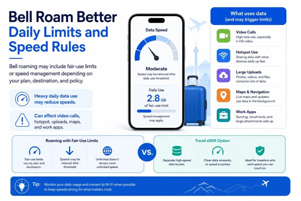 Infographic explaining Bell Roam Better daily limits and speed rules for Canadian travelers, including heavy data use, hotspot use, video calls, maps, work apps, and how a travel eSIM can provide a separate data bucket