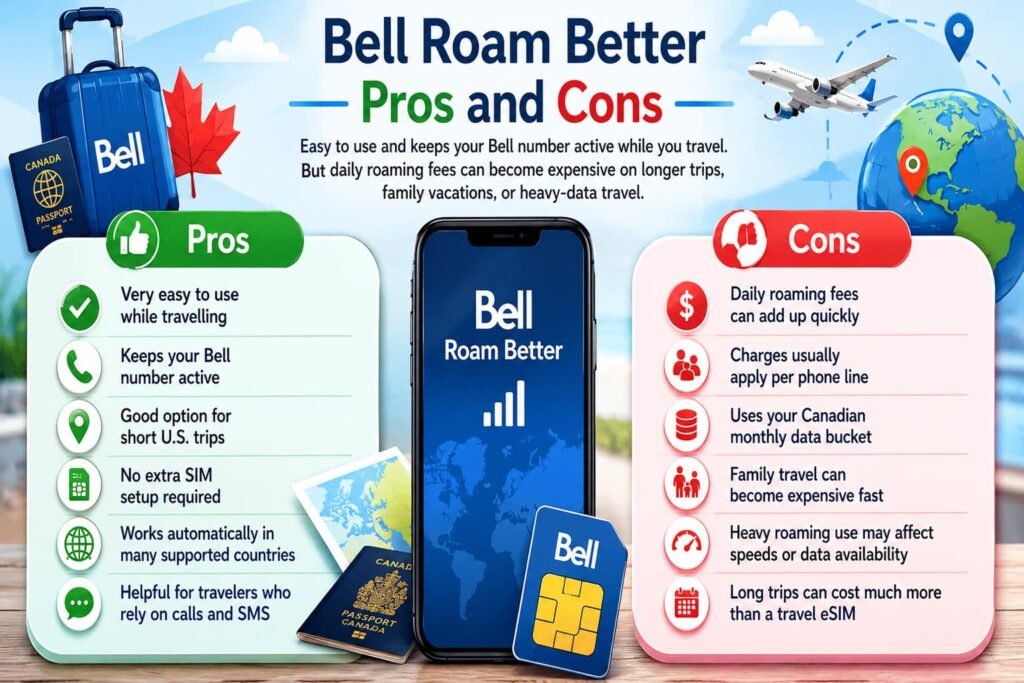 Infographic comparing Bell Roam Better pros and cons for Canadian travelers, including roaming convenience, keeping your Bell number active, daily roaming fees, family travel costs, and travel eSIM alternatives