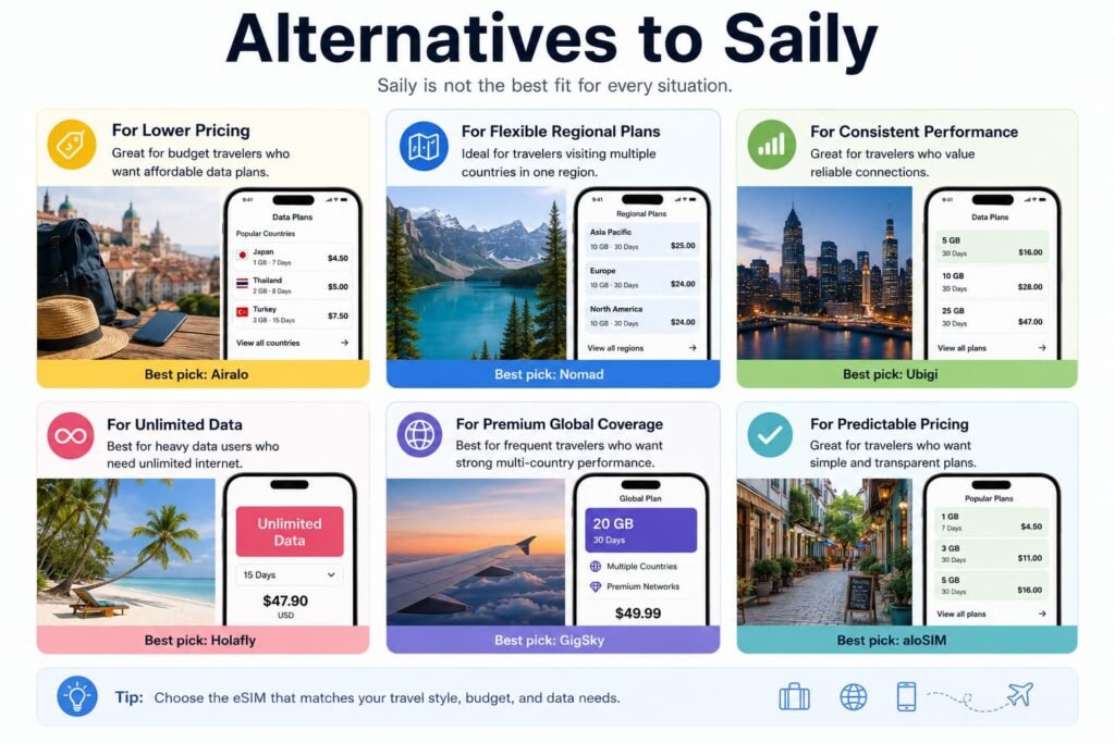 Saily eSIM alternatives comparison showing options like budget plans flexible regional coverage unlimited data and premium global performance for travel
