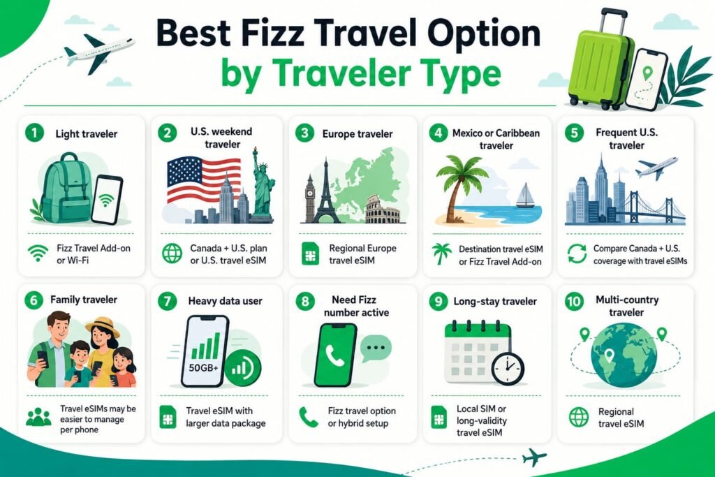 Infographic image showing the best Fizz travel option by traveler type, including light travelers, U.S. weekend trips, Europe travel, Mexico and Caribbean trips, family travel, heavy data users, long stays, and multi-country travel.