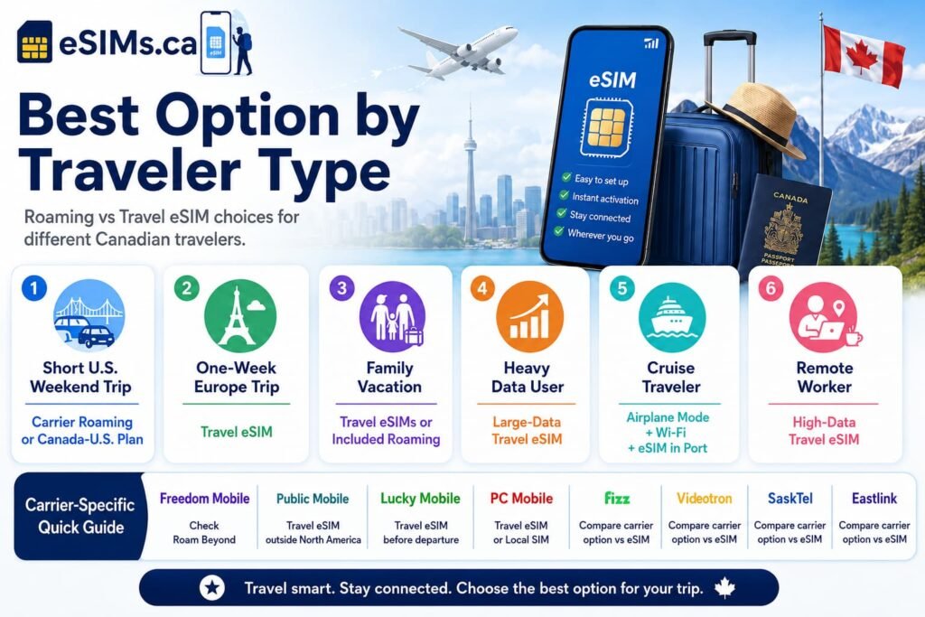 Infographic image showing the best option by traveler type for Canadian roaming and travel eSIMs, with short U.S. trips, Europe travel, family vacations, heavy data use, cruise travel, remote work, carrier-specific quick guide, passport, luggage, airplane, and Canadian travel visuals.