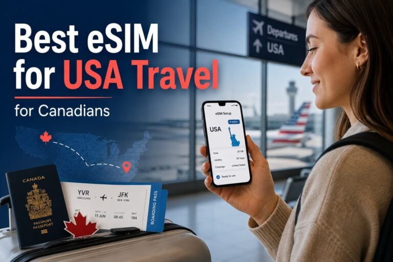 Canadian traveler at an airport holding a smartphone with an eSIM setup screen, with a Canadian passport, boarding pass, suitcase, USA travel map, and headline text for best eSIM for USA travel for Canadians.