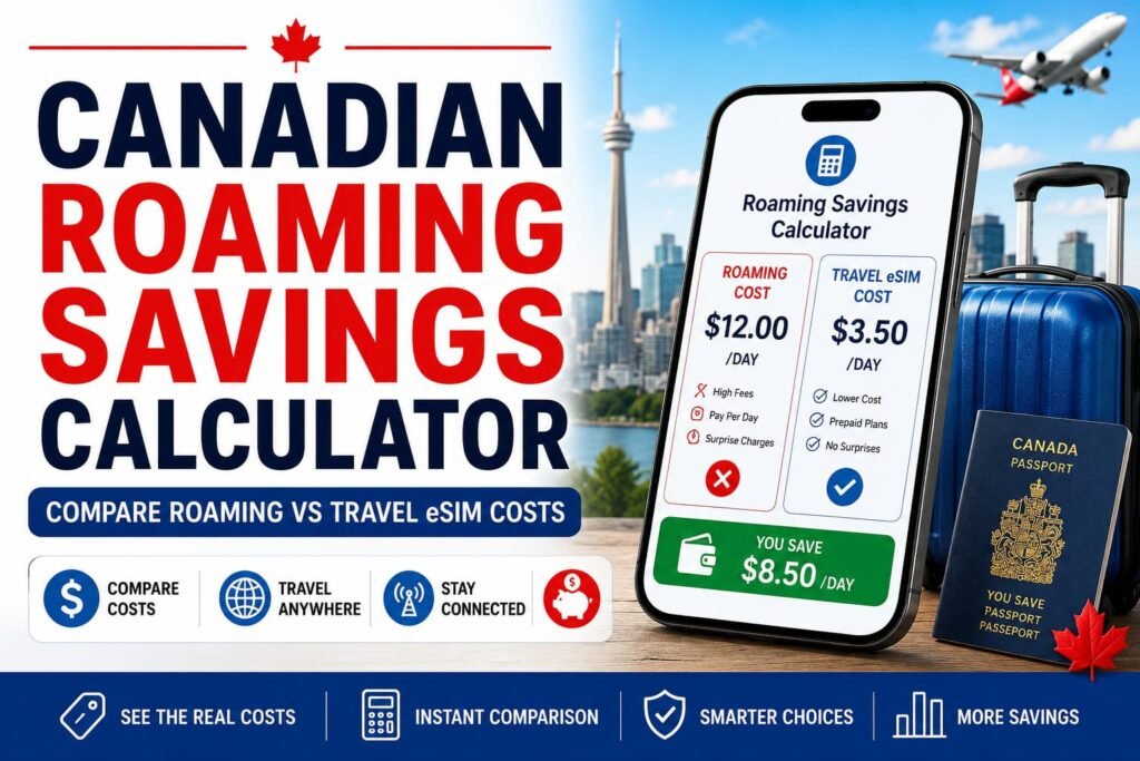 Infographic image showing the Canadian Roaming Savings Calculator on a smartphone, with roaming vs travel eSIM cost comparison visuals, Canadian travel icons, passport, luggage, airplane, and Toronto skyline.