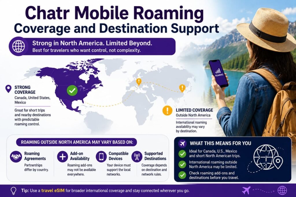 Infographic showing Chatr Mobile roaming coverage and destination support for Canadian travelers, including North America roaming coverage, limited international support, roaming agreements, supported destinations, and travel eSIM alternatives.