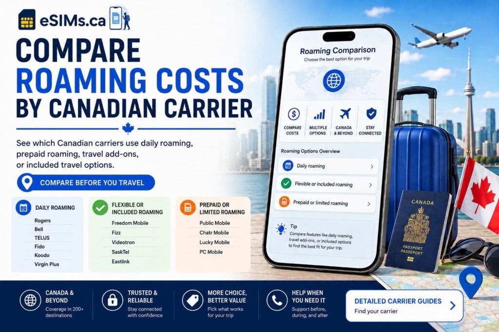 Infographic image showing compare roaming costs by Canadian carrier, with daily roaming, included roaming, prepaid roaming, travel add-ons, carrier guide options, smartphone comparison screen, Canadian passport, luggage, airplane, and Toronto skyline.