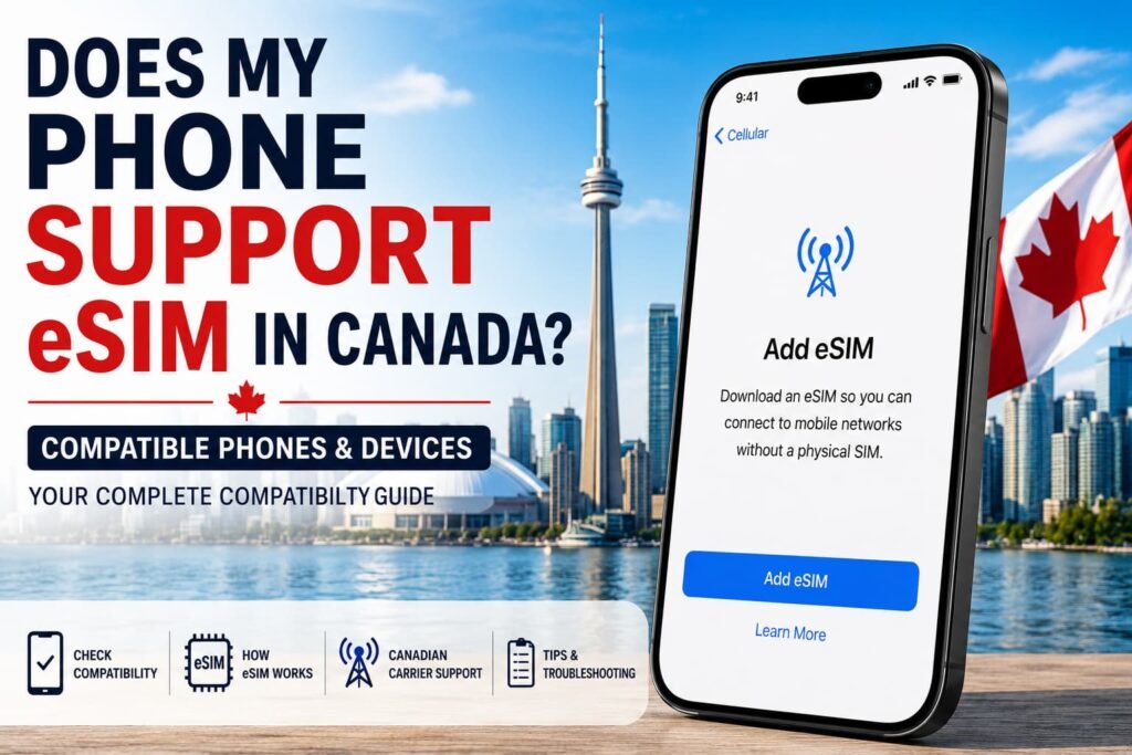 Does my phone support eSIM in Canada showing smartphone Add eSIM setup screen with Toronto skyline and Canadian eSIM compatibility guide for supported phones and devices.