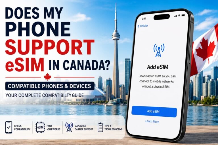 Does my phone support eSIM in Canada showing smartphone Add eSIM setup screen with Toronto skyline and Canadian eSIM compatibility guide for supported phones and devices.