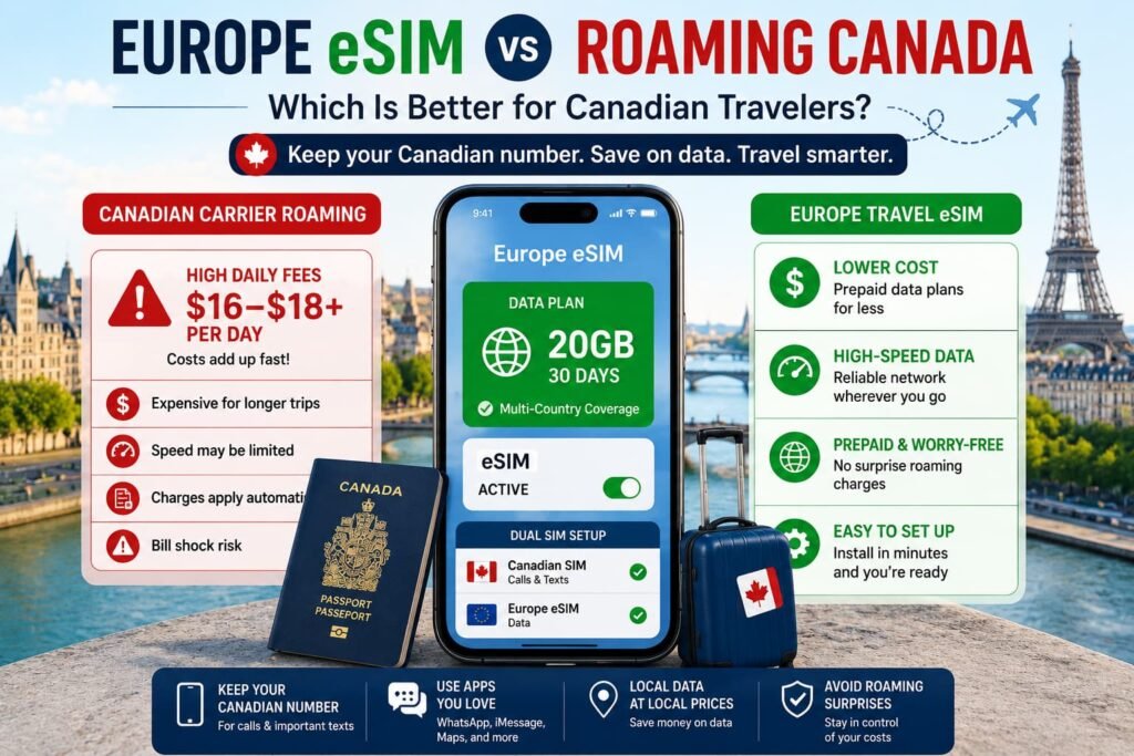 Infographic comparing Europe roaming costs with travel eSIM savings for Canadian travelers, showing a smartphone with a Europe eSIM data plan, Canadian passport, suitcase, Paris background, daily roaming fee warning, prepaid travel data benefits, and dual SIM setup for keeping a Canadian number active.