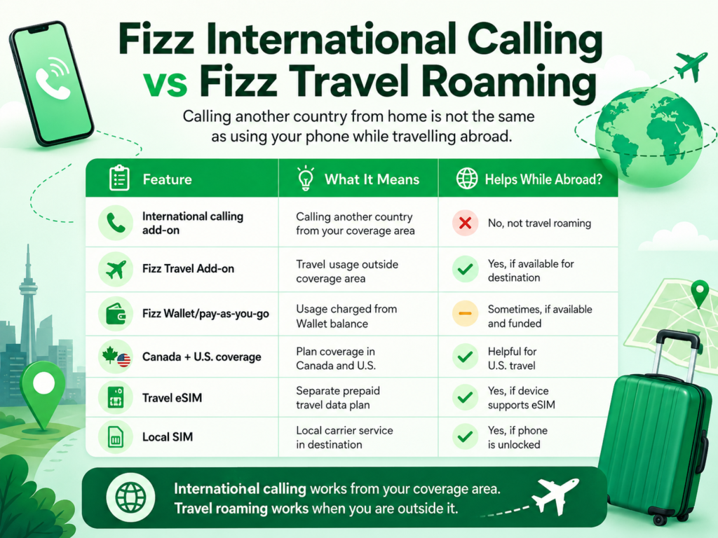 Infographic image showing the difference between Fizz international calling and Fizz travel roaming, with a comparison table for calling add-ons, Travel Add-ons, Wallet pay-as-you-go, Canada + U.S. coverage, travel eSIMs, and local SIM options.