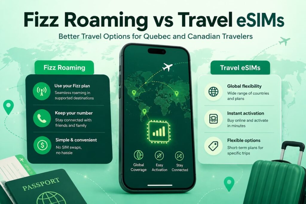 Infographic image showing Fizz roaming vs travel eSIMs, with a smartphone travel data screen, global map, Fizz roaming benefits, travel eSIM options, passport, luggage, and green travel-themed design for Canadian travelers.