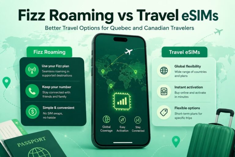 Infographic image showing Fizz roaming vs travel eSIMs, with a smartphone travel data screen, global map, Fizz roaming benefits, travel eSIM options, passport, luggage, and green travel-themed design for Canadian travelers.