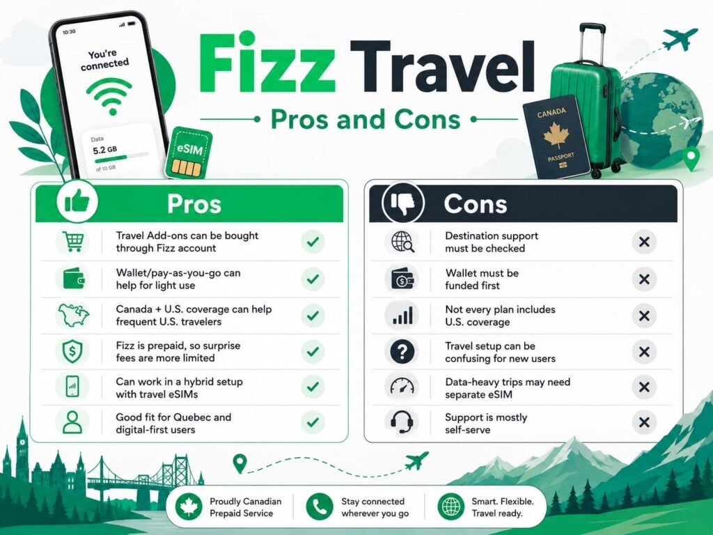 Infographic image showing Fizz travel pros and cons, including Travel Add-ons, Wallet pay-as-you-go, Canada + U.S. coverage, prepaid cost control, hybrid travel eSIM setup, destination checks, and self-serve support for Canadian travelers.