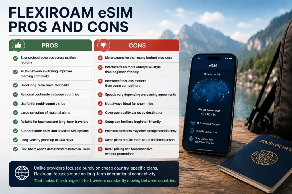 Flexiroam eSIM pros and cons infographic showing global roaming flexibility multi network support long term travel benefits and international connectivity tradeoffs