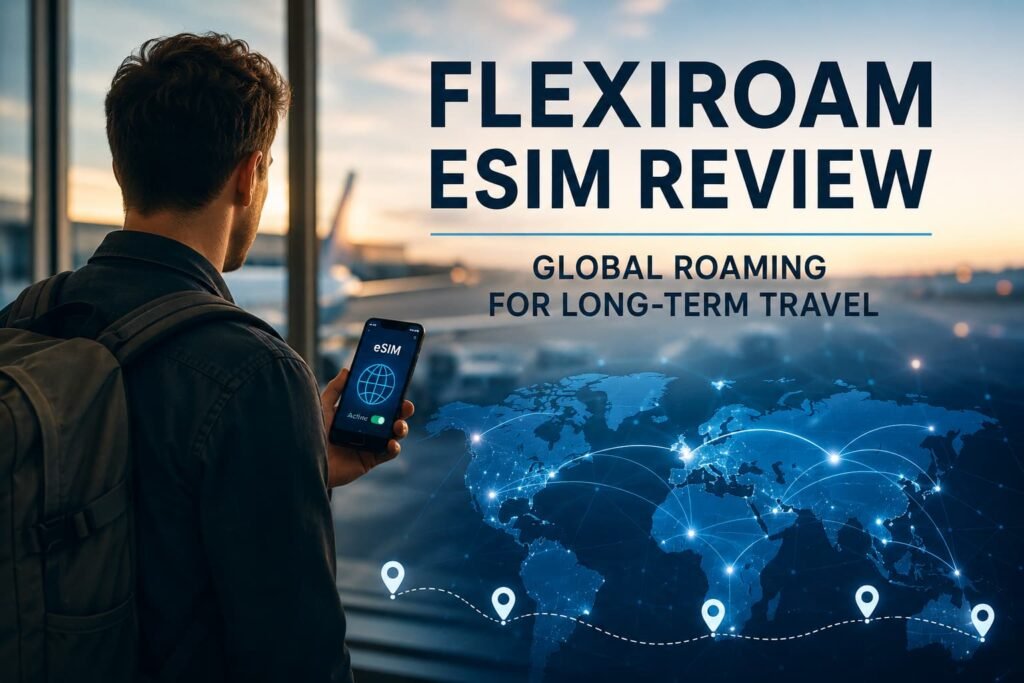 Flexiroam eSIM review featured image showing global roaming long term travel and international eSIM connectivity across multiple countries