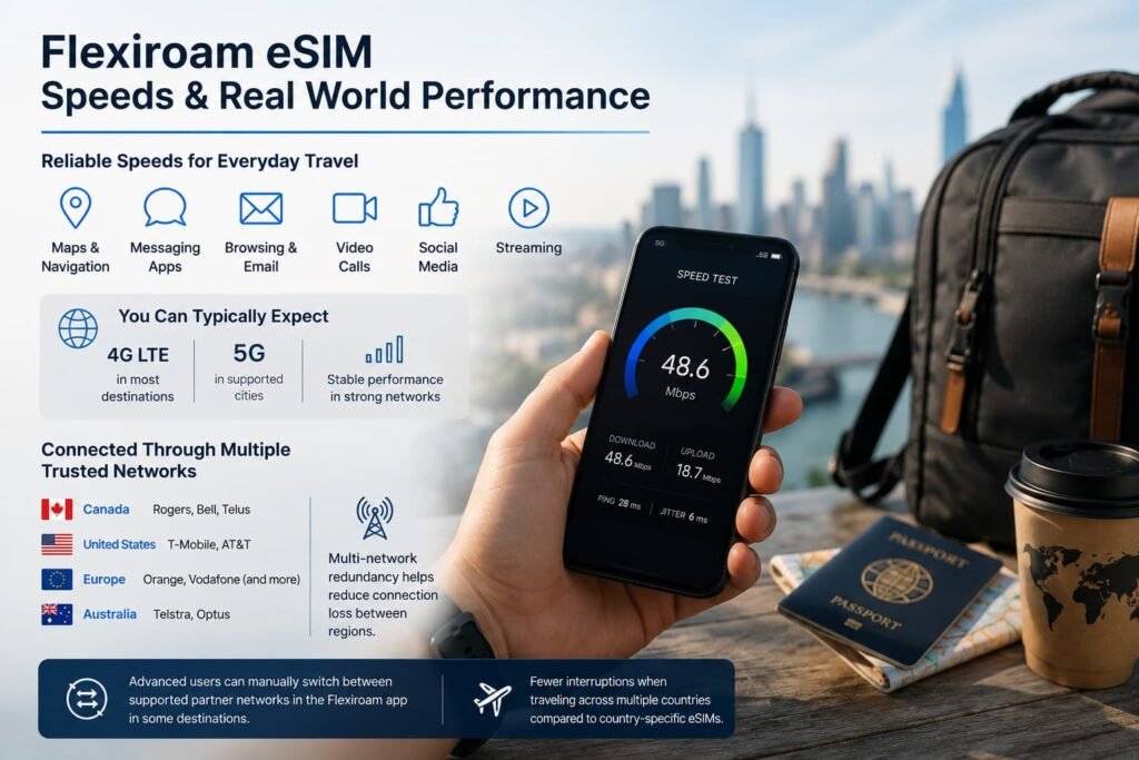 Flexiroam eSIM speeds and real world performance infographic showing 4G LTE 5G roaming connectivity multi network support and international travel performance across multiple countries