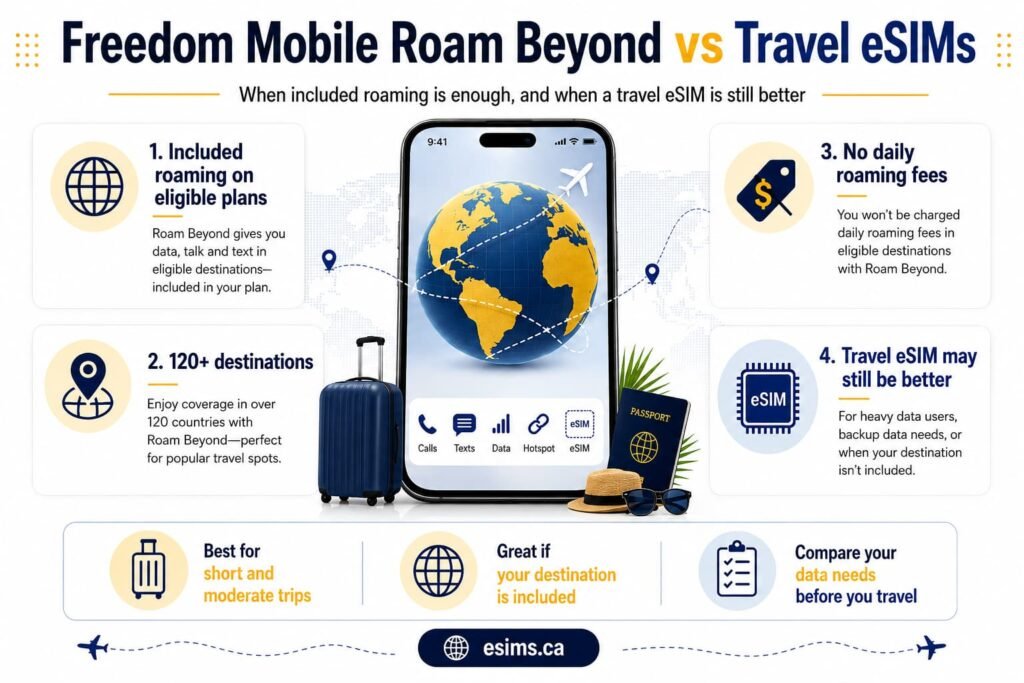 Infographic comparing Freedom Mobile Roam Beyond vs travel eSIMs, including included roaming on eligible plans, 120+ destinations, no daily roaming fees, and when a travel eSIM may still be the better option.