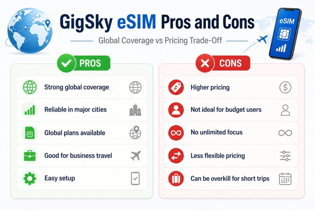 GigSky eSIM pros and cons infographic showing global coverage benefits and higher pricing trade offs