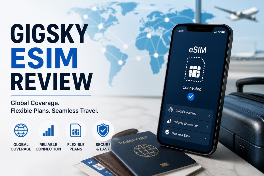 GigSky eSIM review showing global travel data coverage and smartphone with international connectivity