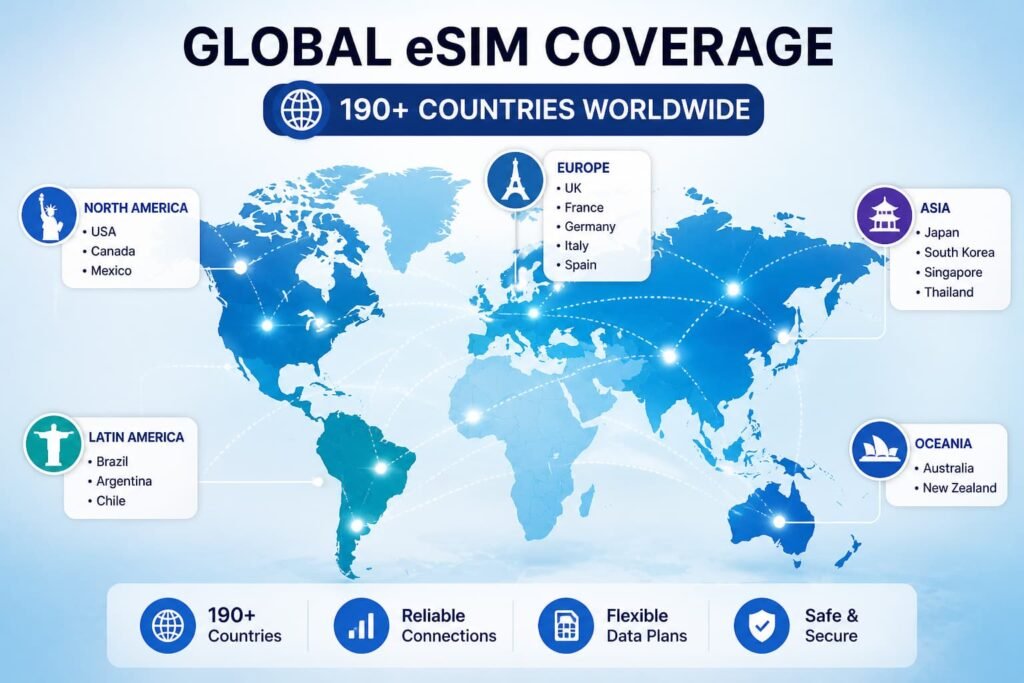 world map showing global eSIM coverage across Europe North America Asia Oceania and Latin America