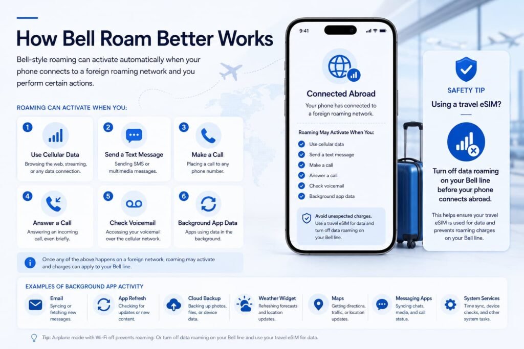 Infographic explaining how Bell Roam Better can activate when Canadian travelers use cellular data, send texts, make calls, check voicemail, or allow background app data while connected to a foreign roaming network