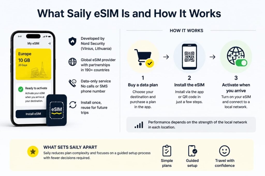 how Saily eSIM works showing setup process including buying a plan installing eSIM and activating mobile data for travel