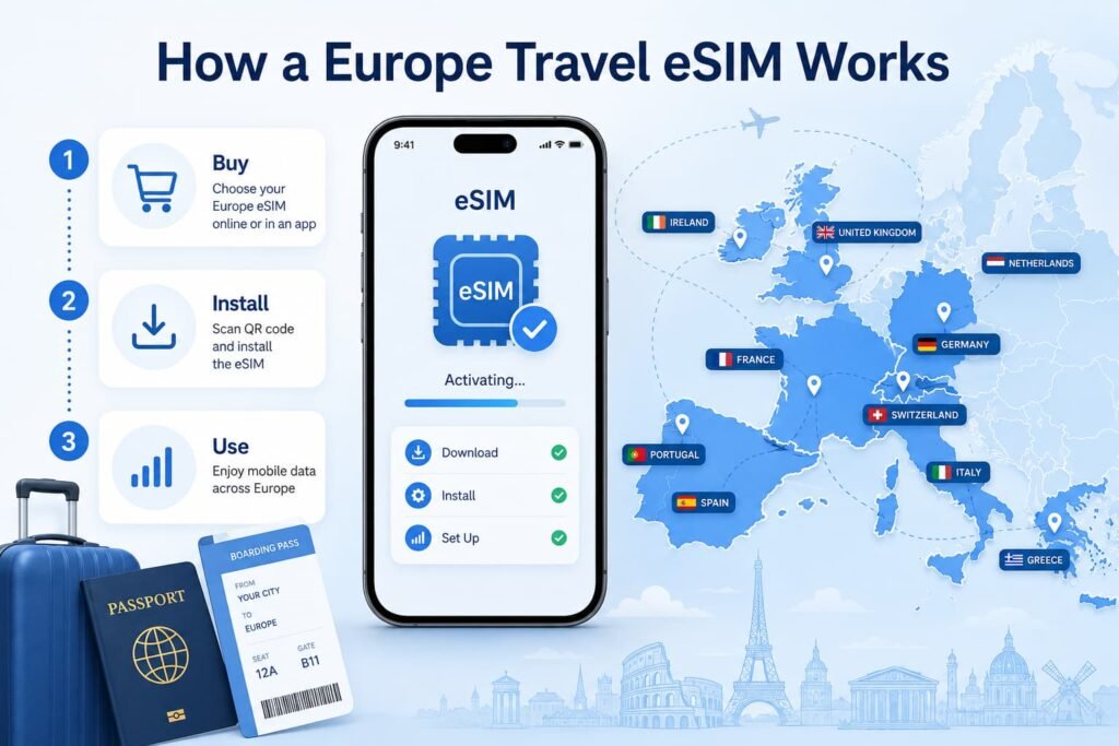 Infographic showing how a Europe travel eSIM works, with a smartphone eSIM activation screen, three steps to buy, install, and use the eSIM, a Europe coverage map with popular destinations, passport, boarding pass, and suitcase.