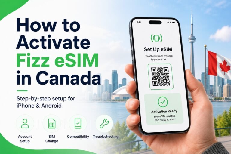Infographic image showing how to activate Fizz eSIM in Canada, with a smartphone eSIM setup screen, QR code activation, Canadian skyline, and setup icons for account setup, SIM change, compatibility, and troubleshooting.