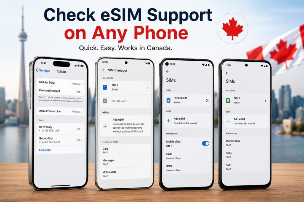 Multiple smartphones showing Add eSIM and SIM settings screens with Canadian skyline background representing how to check eSIM compatibility on iPhone, Samsung Galaxy, Google Pixel, and Motorola devices in Canada.