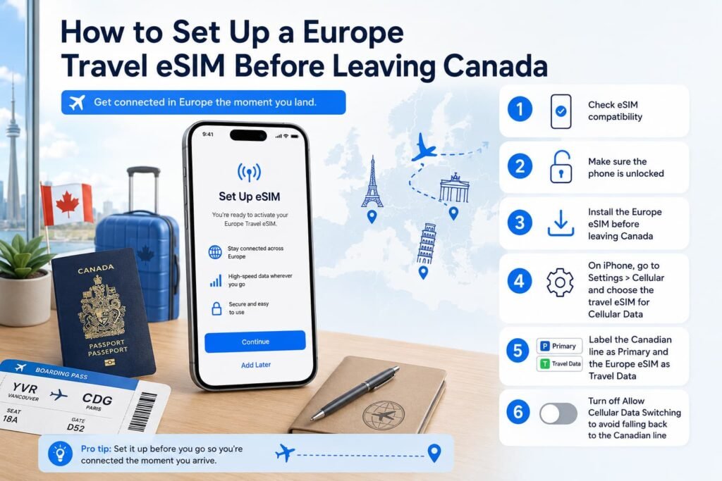 Infographic showing how to set up a Europe travel eSIM before leaving Canada, with a smartphone eSIM setup screen, Canadian passport, suitcase, boarding pass, Europe travel map, and setup steps for checking eSIM compatibility, confirming the phone is unlocked, choosing iPhone cellular settings, labeling the Canadian line and Europe eSIM, and turning off cellular data switching.