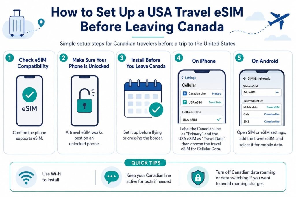 Infographic showing how to set up a USA travel eSIM before leaving Canada, including checking eSIM compatibility, confirming the phone is unlocked, installing before travel, choosing iPhone or Android eSIM settings, and using Wi-Fi before departure.