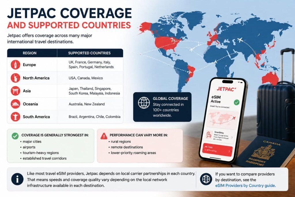 Jetpac coverage and supported countries infographic showing global eSIM coverage across Europe North America Asia Oceania and South America for international travel connectivity
