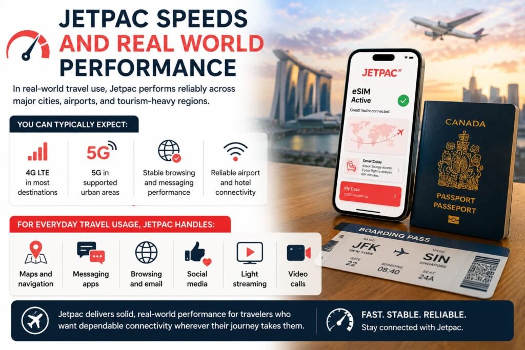 Jetpac speeds and real world performance infographic showing 4G LTE 5G travel connectivity airport performance browsing messaging streaming and international eSIM usability for travelers
