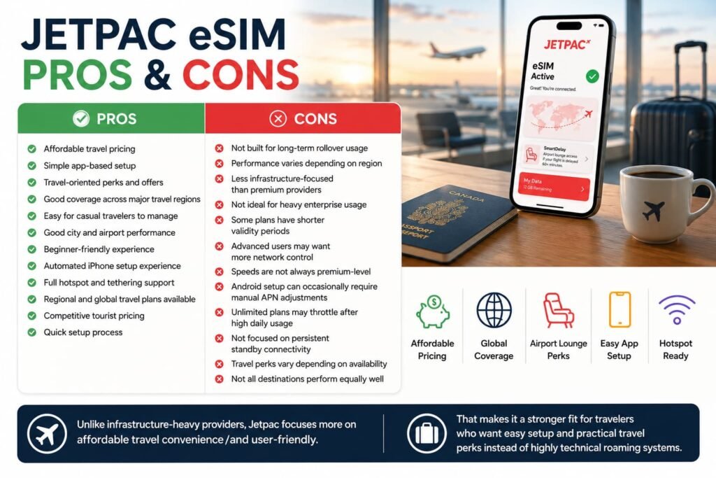 Jetpac eSIM pros and cons infographic showing affordable travel pricing airport lounge perks hotspot support global coverage and beginner-friendly international travel connectivity