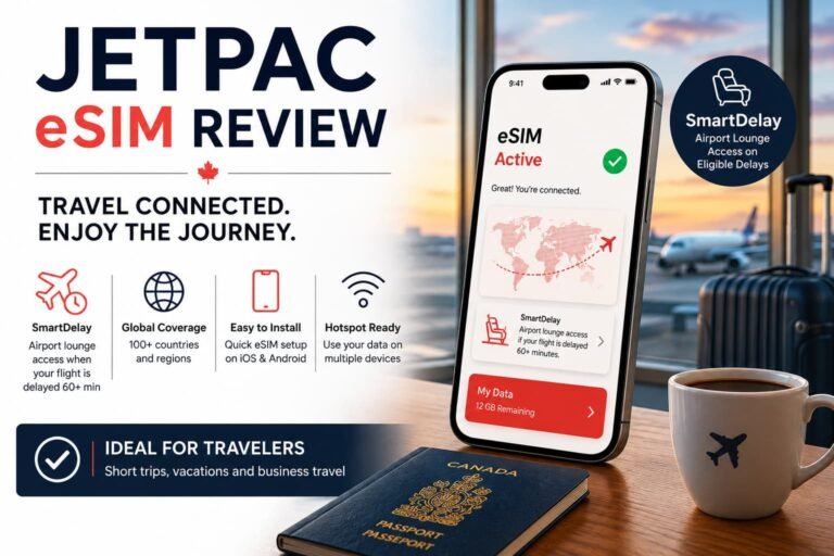 Jetpac eSIM review featured image showing airport lounge perks SmartDelay travel connectivity global coverage and international eSIM setup for travelers
