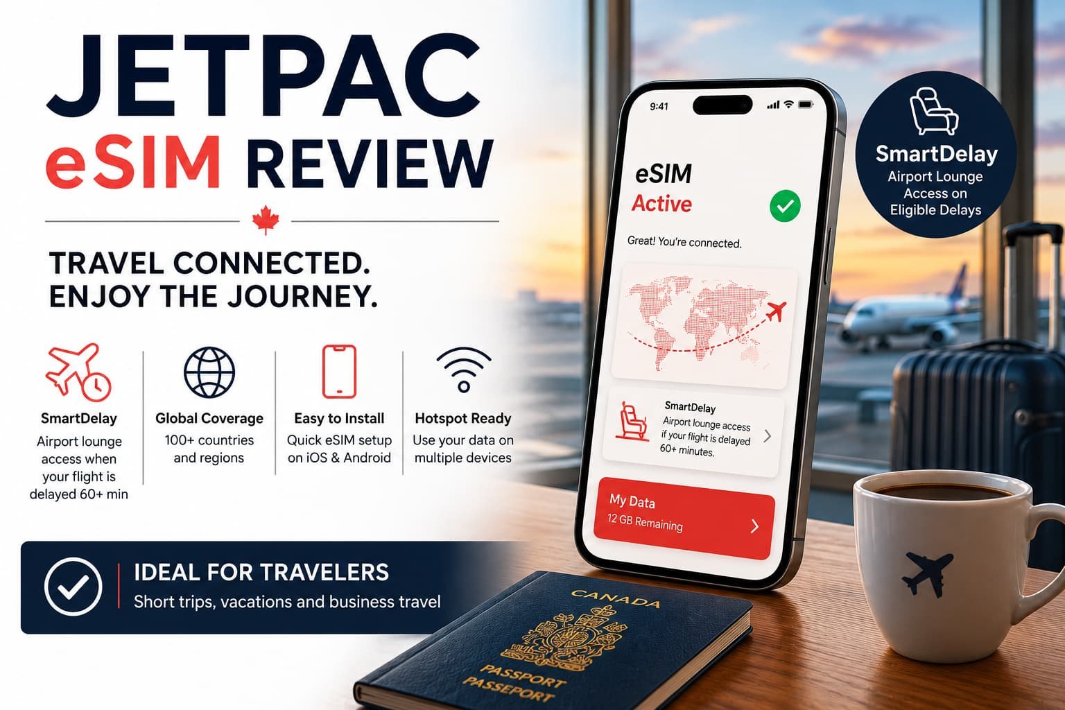 Jetpac eSIM review featured image showing airport lounge perks SmartDelay travel connectivity global coverage and international eSIM setup for travelers