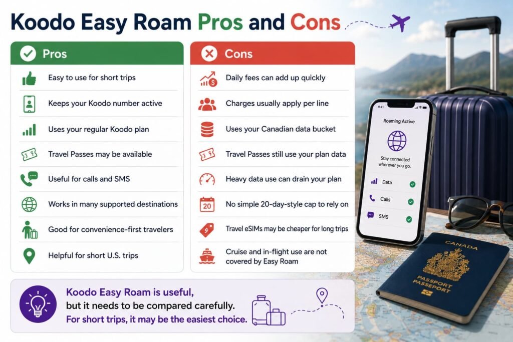 Travel-themed infographic comparing the pros and cons of Koodo Easy Roam, including short-trip convenience, keeping a Koodo number active, Travel Pass availability, daily roaming fees, Canadian data-bucket usage, and why travel eSIMs may be better for longer international trips.