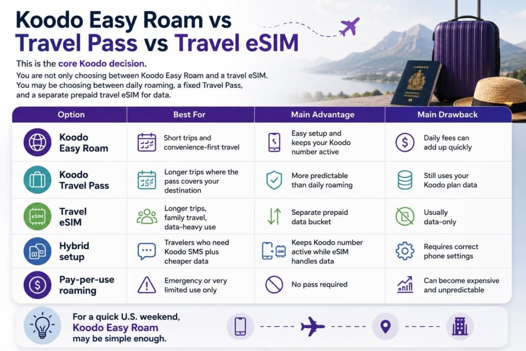 Comparison infographic showing Koodo Easy Roam, Koodo Travel Pass, travel eSIM, hybrid setup, and pay-per-use roaming, including the best use case, main advantage, and main drawback for each travel option.