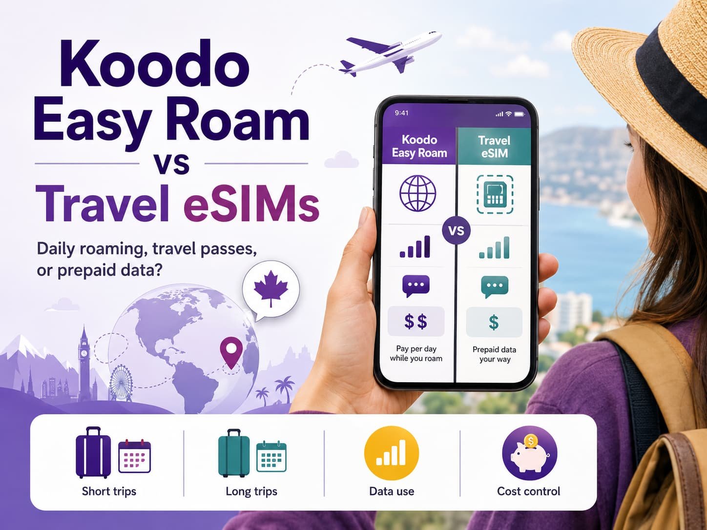 Infographic comparing Koodo Easy Roam and travel eSIMs for Canadian travelers, showing daily roaming, travel passes, prepaid data, short trips, long trips, data use, and cost control.