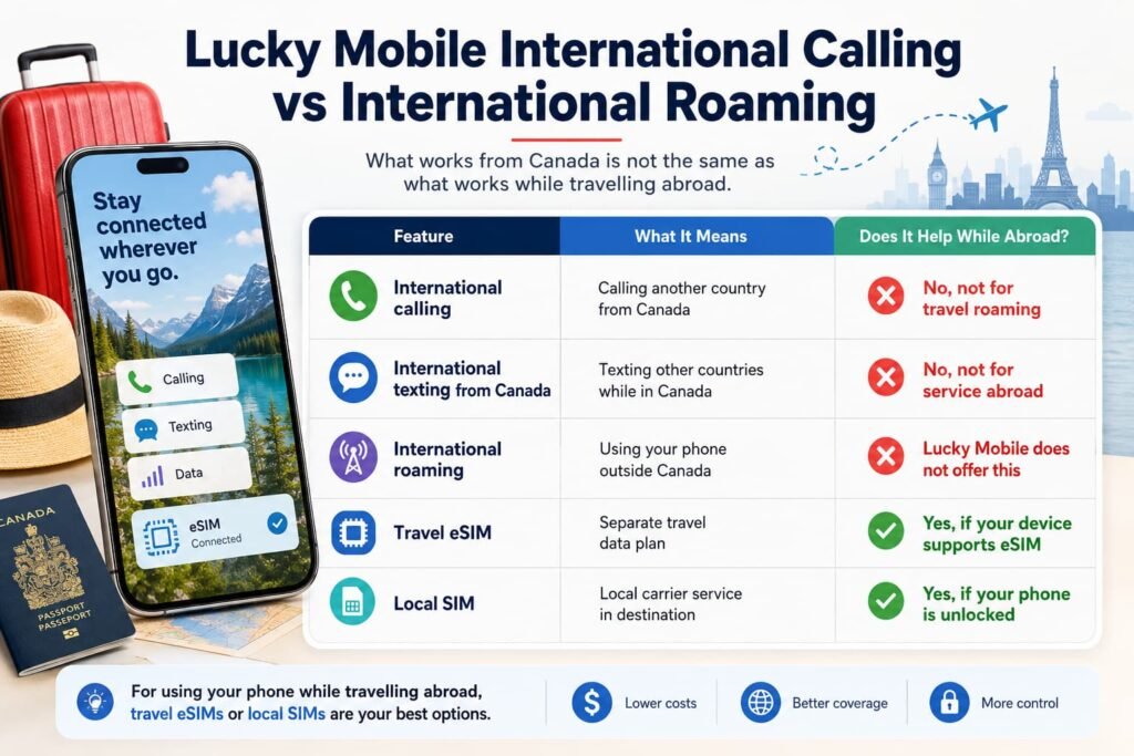Infographic comparing Lucky Mobile international calling vs international roaming for Canadian travelers, explaining that calling or texting other countries from Canada is different from using your phone while abroad, and showing travel eSIMs or local SIMs as better options for staying connected outside Canada.