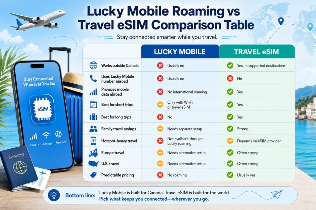 Infographic comparing Lucky Mobile roaming vs travel eSIMs for Canadian travelers, showing no international roaming, travel eSIM data access, short and long trip options, family travel needs, hotspot use, Europe and U.S. travel, and predictable travel connectivity.