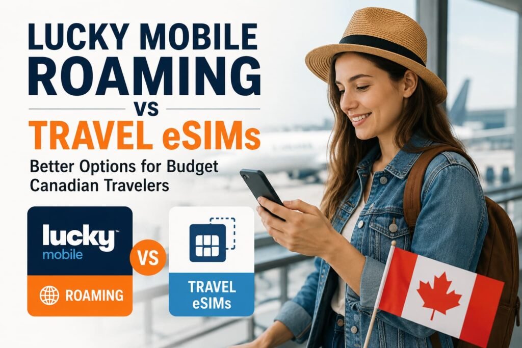 Infographic-style featured image comparing Lucky Mobile roaming vs travel eSIMs for budget Canadian travelers, showing a traveler at the airport, smartphone, Canadian flag, Lucky Mobile service, travel eSIM option, and no-roaming travel setup theme.