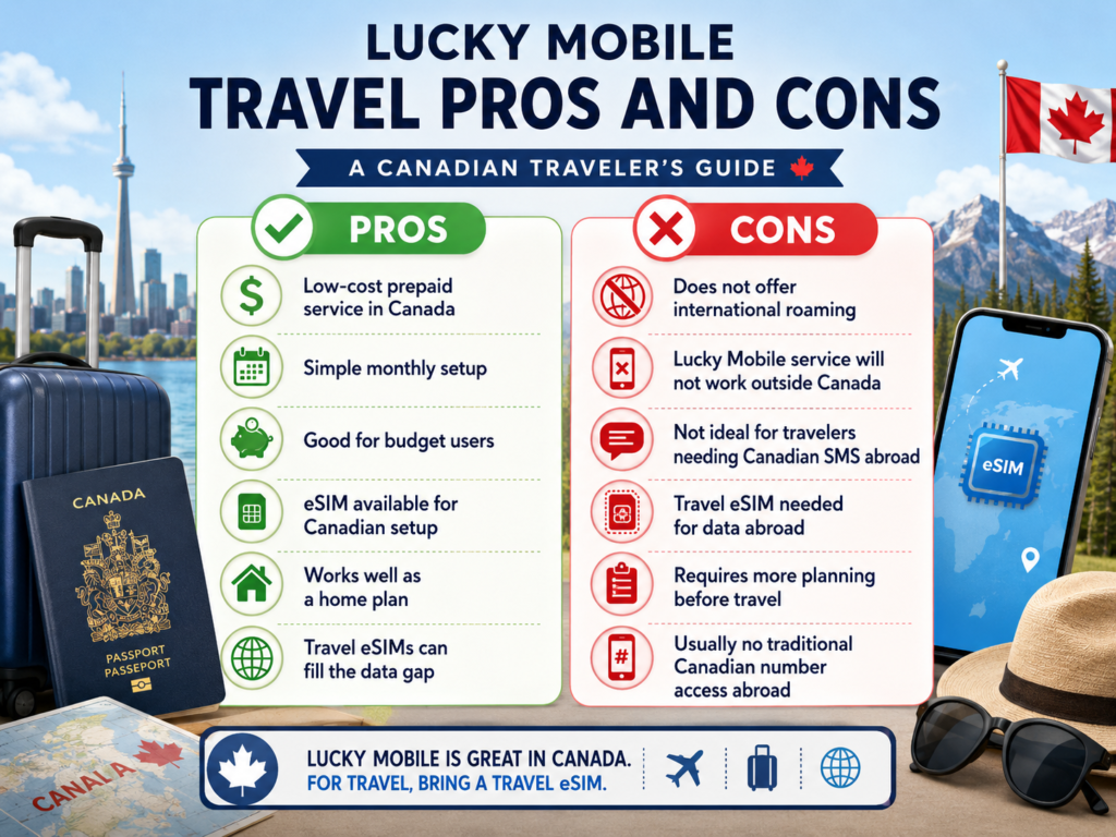 Infographic showing Lucky Mobile travel pros and cons for budget Canadian travelers, including low-cost prepaid service in Canada, simple monthly setup, eSIM availability, home-plan convenience, no international roaming, no service outside Canada, travel eSIM needs, limited Canadian number access abroad, and extra planning before travel.